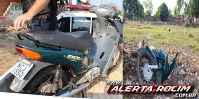Rolim de Moura – Moto roubada nesta madrugada é encontrada pela PM, abandonada no antigo Clube Kaiabi