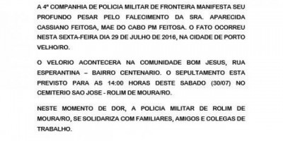 Rolim de Moura -  Polícia Militar emite Nota de Pesar - Aparecida Cassiano Feitosa