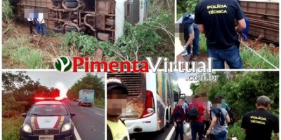 Ônibus da empresa Eucatur tomba na BR-364 em Pimenta Bueno
