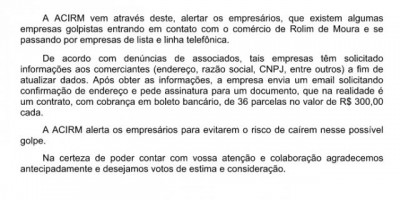 UTILIDADE PÚBLICA -  ACIRM emite comunicado sobre golpe da lista telefônica