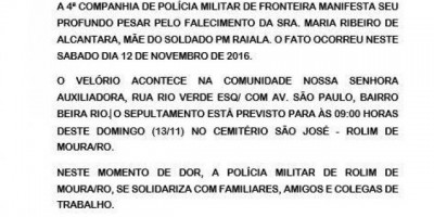 Rolim de Moura -  4ª companhia de Polícia Militar de fronteira emite nota de pesar 