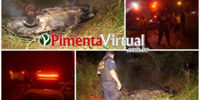Veículo pega fogo após condutor perder o controle e cair em vala em Pimenta Bueno