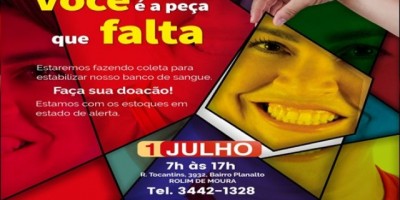 Rolim de Moura – Banco de Sangue estará atendendo neste sábado (01), das 7h às 17h; Faça a sua doação!
