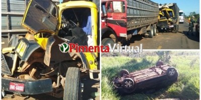 Acidente envolvendo dois caminhões e um carro de passeio na BR-364 em Pimenta Bueno