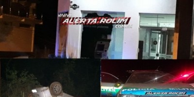 Alvorada do Oeste - Durante tentativa de explodir caixas eletrônicos, bandidos trocam tiros com policial civil, acabam baleados e na fuga capotam veículo; Uma viatura da PM também capotou