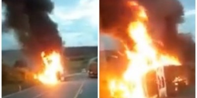 Para evitar colisão, motorista sai da pista, tomba e carreta pega fogo próximo ao São Lourenço; vídeo