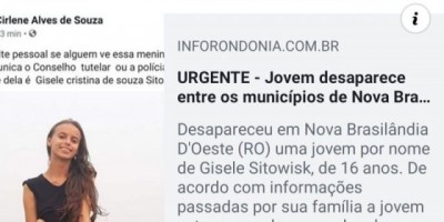 Jovem considerada desaparecida de Nova Brasilândia comenta em redes sociais que está bem, mas seu paradeiro ainda é desconhecido pela família