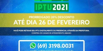 Prefeitura de Rolim de Moura prorroga prazo para pagamento do IPTU com 20% de desconto