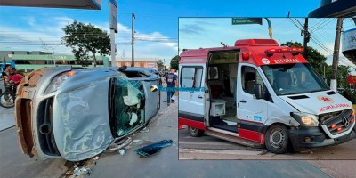Saveiro tomba após bater em ambulância do Samu