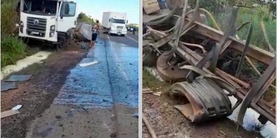 Caminhão leiteiro estoura pneu e tomba na BR-364