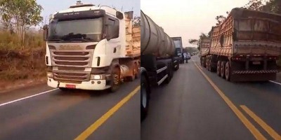 Carreta carregada de milho tomba na BR 364 em RO