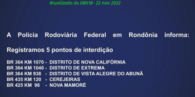 Rondônia tem 05 pontos de interdições em rodovias federais nesta terça-feira, diz PRF