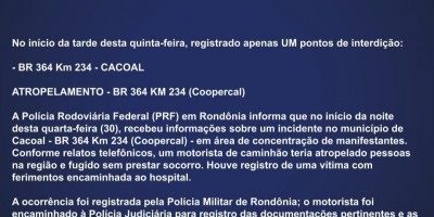 BR 364 em Cacoal continua com ponto de interdição, diz PRF