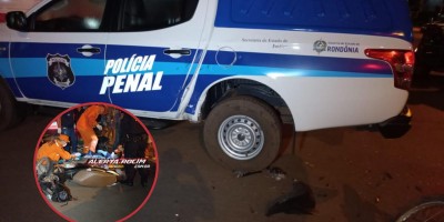 Acidente envolvendo viatura da Policia Penal deixou motociclista com fratura na perna em Rolim de Moura