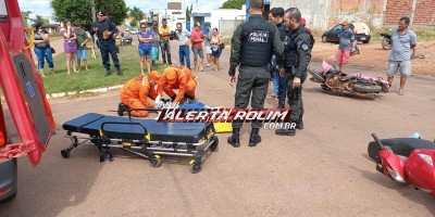 Mulher foi socorrida em estado grave após colisão entre duas motos neste sábado em Rolim de Moura