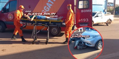 Condutora de moto foi socorrida após ser atingida por carro nesta tarde em Rolim de Moura
