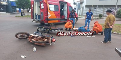 Primeiro acidente de trânsito do dia deixou motociclista com fratura exposta na perna, em Rolim de Moura
