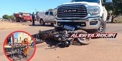 Motociclista fraturou uma das pernas ao ser atingido por caminhonete nessa manhã, em Rolim de Moura