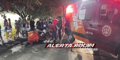 Criança foi socorrida com fratura na perna após ser atingida por moto enquanto passava por faixa de pedestres no Centro de Rolim de Moura