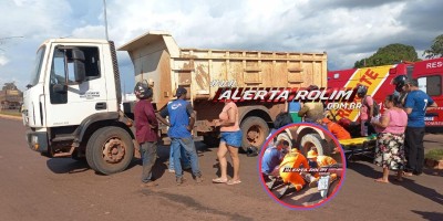 Colisão entre caminhão e motocicleta deixou homem com fratura em uma das pernas nesta tarde na RO-010, em Rolim de Moura