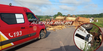 Carreta tomba na RO-010, em Rolim de Moura