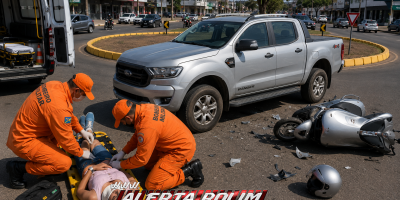 Rotatória no Centro de Rolim de Moura foi palco de acidente de trânsito nesta manhã 