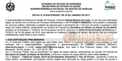 Governo de Rondônia abre concurso com 1.143 vagas e salários de até R$ 9.028; Veja o edital