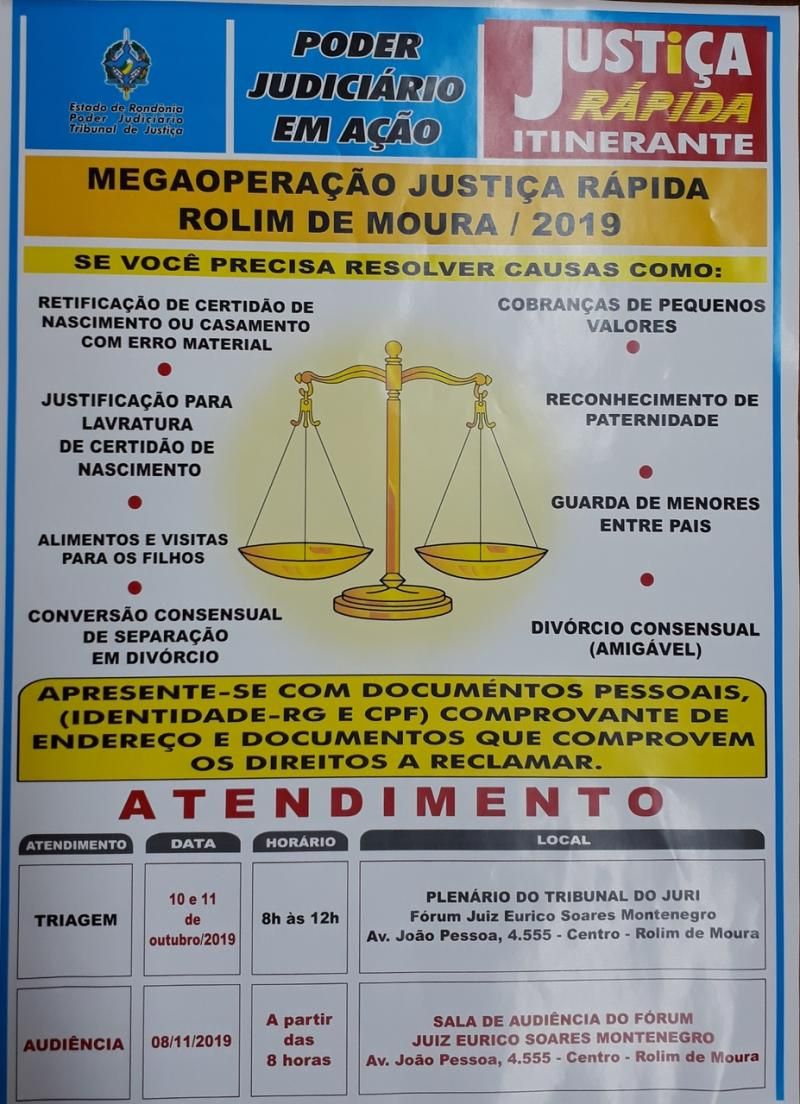 Rolim de Moura - Triagens da Operação Justiça Rápida serão em Outubro Rolim de Moura - Triagens da Operação Justiça Rápida serão em Outubro