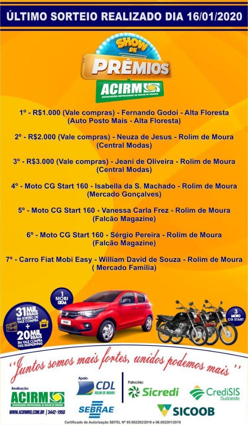 Saiba quem foram os ganhadores da Promoção “Show de Prêmios” da Acirm Saiba quem foram os ganhadores da Promoção “Show de Prêmios” da Acirm