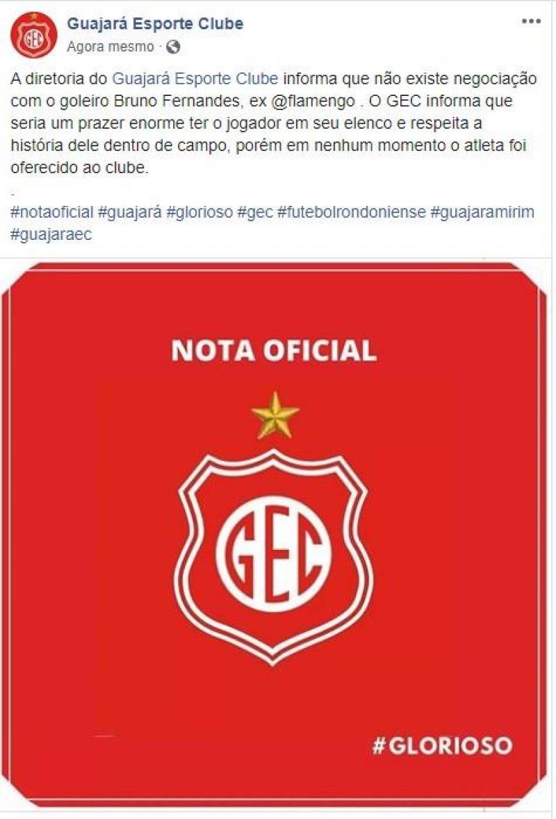 Em Nota Oficial, Guajará Esporte Clube desmente boato de suposta negociação com o goleiro Bruno Em Nota Oficial, Guajará Esporte Clube desmente boato de suposta negociação com o goleiro Bruno