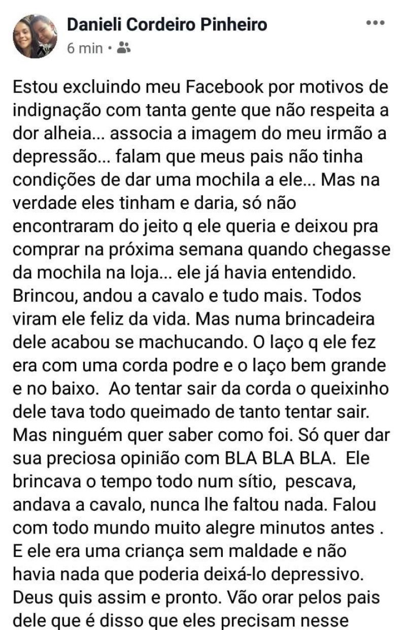 Theobroma: “Ele não cometeu suicídio, foi um acidente” afirma irmã do menino de 10 anos Theobroma: “Ele não cometeu suicídio, foi um acidente” afirma irmã do menino de 10 anos