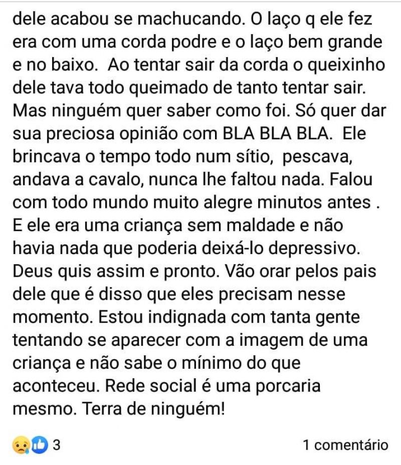 Theobroma: “Ele não cometeu suicídio, foi um acidente” afirma irmã do menino de 10 anos Theobroma: “Ele não cometeu suicídio, foi um acidente” afirma irmã do menino de 10 anos