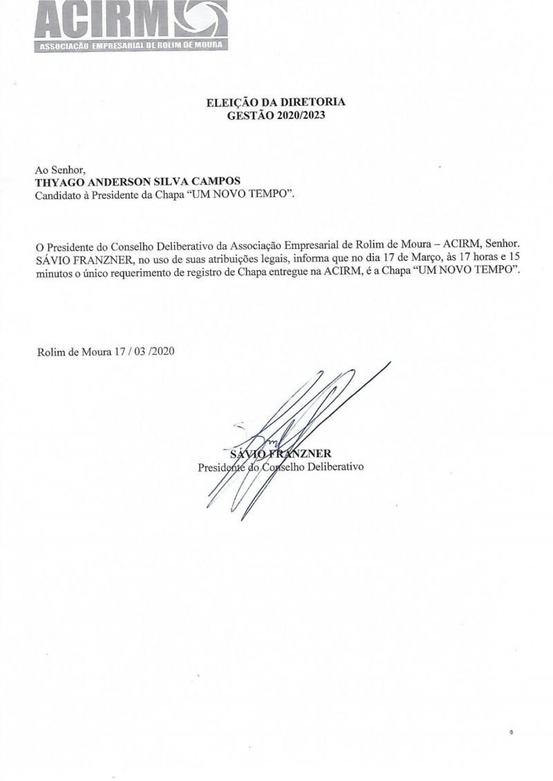 Chapa UM NOVO TEMPO foi a única a protocolar requerimento dentro do prazo legal para eleição da ACIRM em Rolim de Moura Chapa UM NOVO TEMPO foi a única a protocolar requerimento dentro do prazo legal para eleição da ACIRM em Rolim de Moura