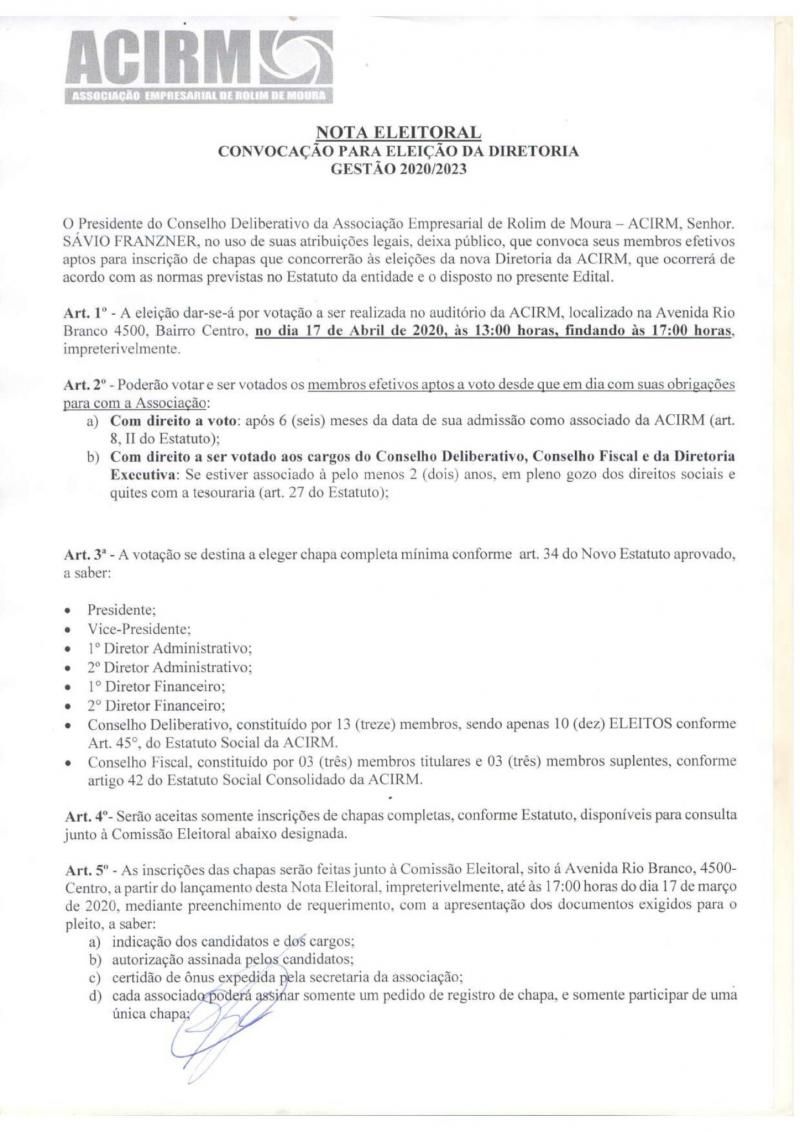 Chapa UM NOVO TEMPO foi a única a protocolar requerimento dentro do prazo legal para eleição da ACIRM em Rolim de Moura Chapa UM NOVO TEMPO foi a única a protocolar requerimento dentro do prazo legal para eleição da ACIRM em Rolim de Moura