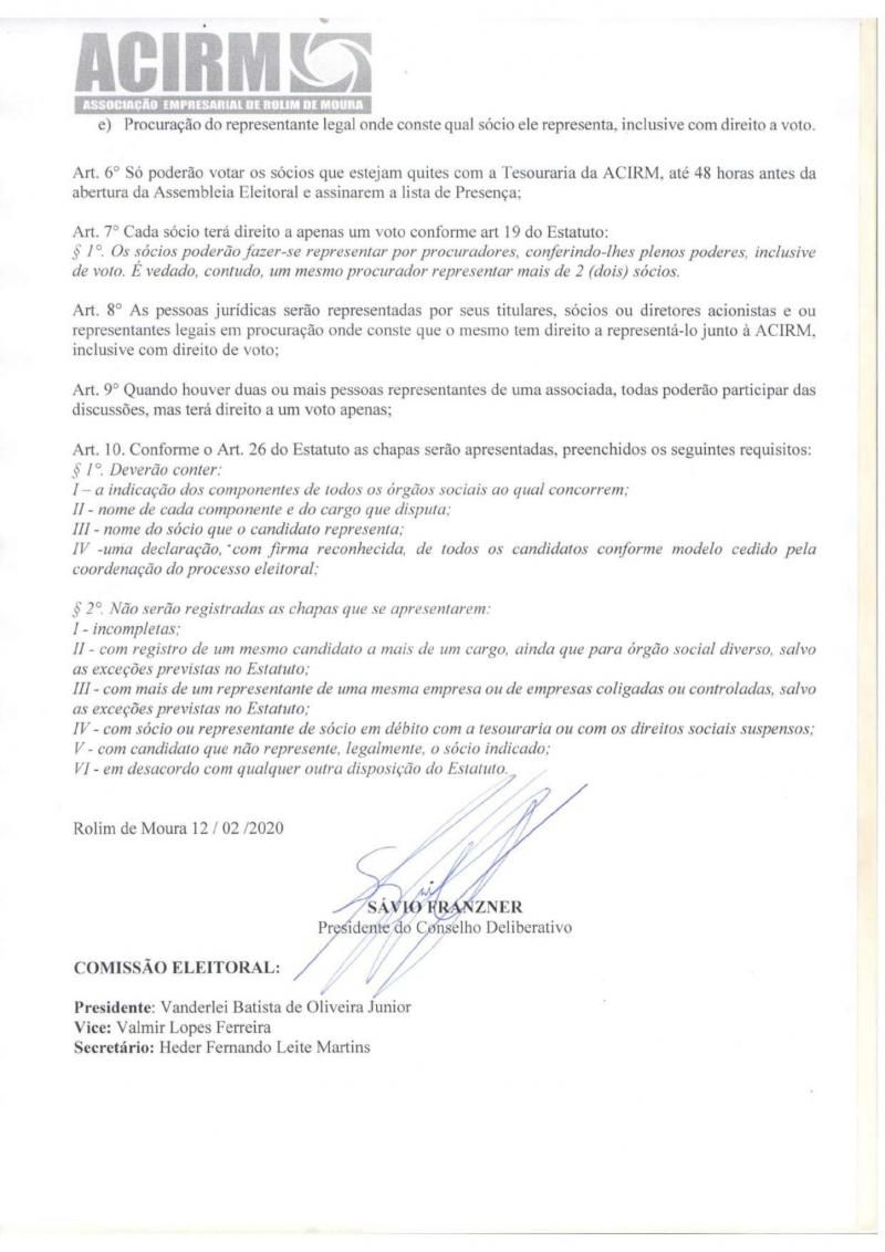 Chapa UM NOVO TEMPO foi a única a protocolar requerimento dentro do prazo legal para eleição da ACIRM em Rolim de Moura Chapa UM NOVO TEMPO foi a única a protocolar requerimento dentro do prazo legal para eleição da ACIRM em Rolim de Moura