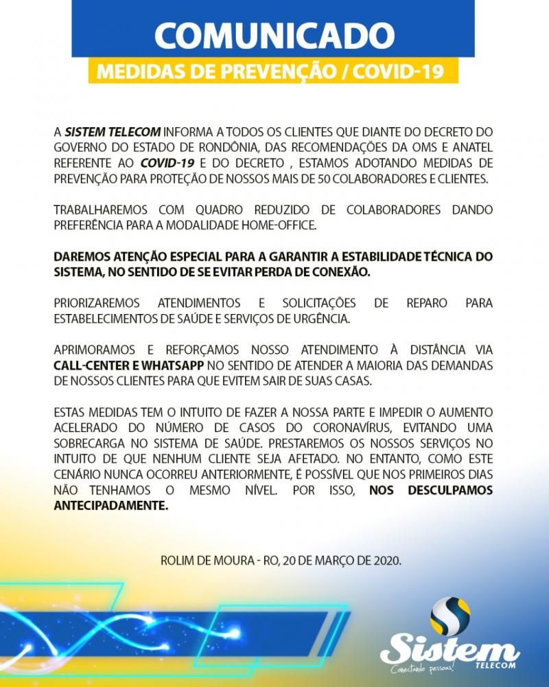 Rolim de Moura – Comunicado da Sistem Telecom Rolim de Moura – Comunicado da Sistem Telecom