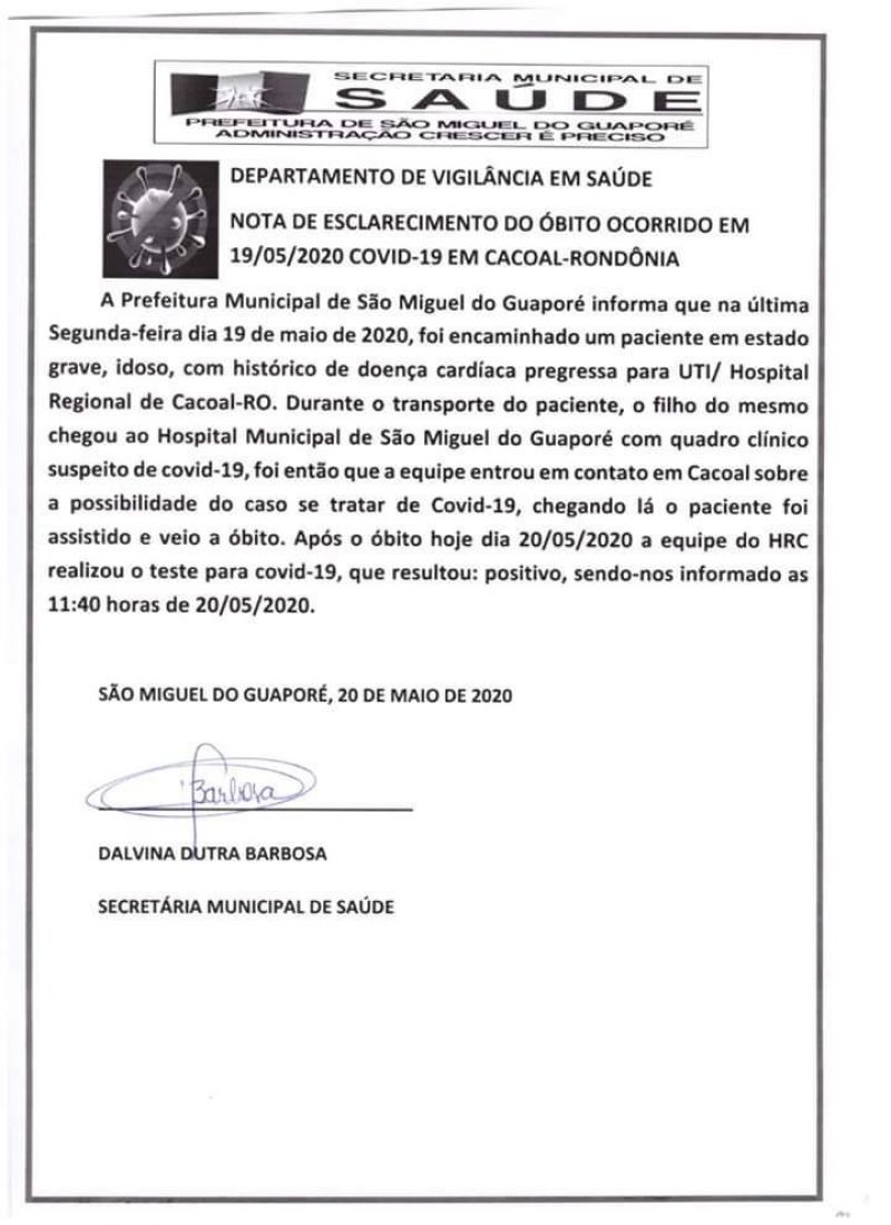 Idoso,morador de São Miguel do Guaporé ,morre em Cacoal por Covid-19 Idoso,morador de São Miguel do Guaporé ,morre em Cacoal por Covid-19