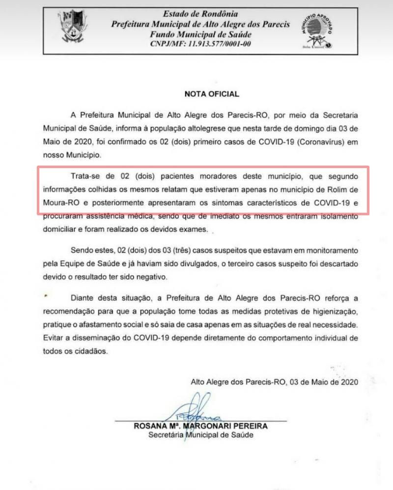 Pacientes com Coronavírus de Alto Alegre afirmam que sentiram os sintomas após visitarem Rolim de Moura Pacientes com Coronavírus de Alto Alegre afirmam que sentiram os sintomas após visitarem Rolim de Moura