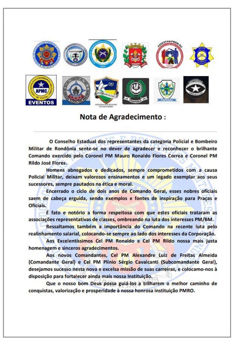 Conselho Estadual dos representantes da categoria PM e BM através de nota agradecem o trabalho realizado pelo Ex-Comandante-Geral e Ex-Subcomandante-Geral da PMRO Conselho Estadual dos representantes da categoria PM e BM através de nota agradecem o trabalho realizado pelo Ex-Comandante-Geral e Ex-Subcomandante-Geral da PMRO