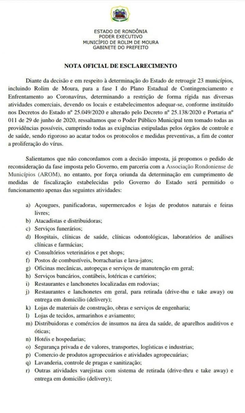 Veja as atividades comerciais que poderão funcionar em Rolim de Moura, Confira a nota emitida pelo Prefeito Veja as atividades comerciais que poderão funcionar em Rolim de Moura, Confira a nota emitida pelo Prefeito