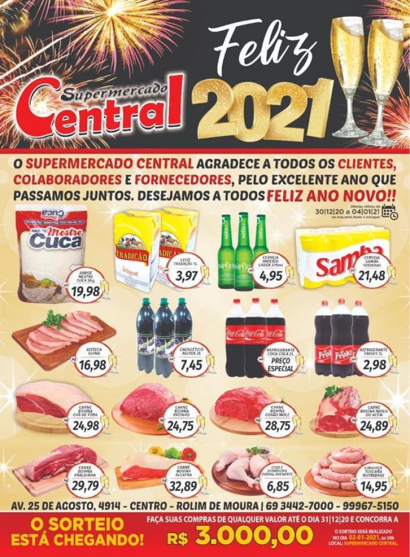 Ultimo dia!! Faça suas compras no Supermercado Central  até dia 31/12 e concorra a três mil reais em dinheiro, em Rolim de Moura 