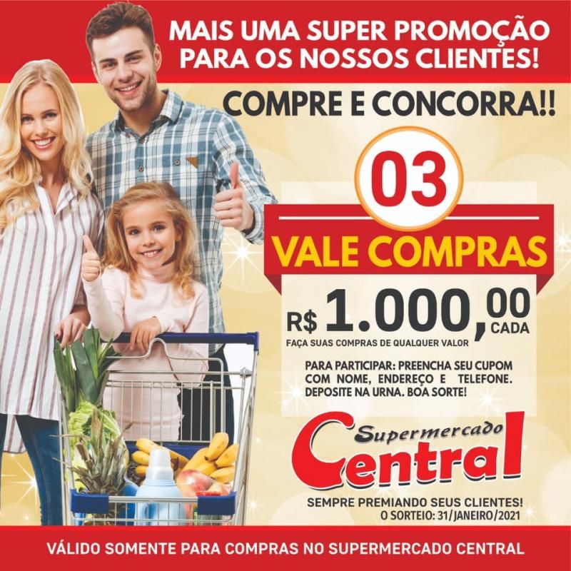 Faça suas compras no Supermercado Central até dia 31/01 e concorra a três vales compras de mil reais cada; Confira as ofertas da semana Faça suas compras no Supermercado Central até dia 31/01 e concorra a três vales compras de mil reais cada; Confira as ofertas da semana