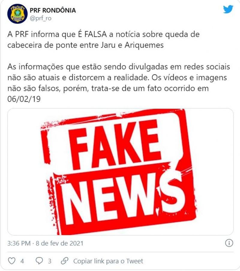 PRF informa que é falsa notícia sobre queda de cabeceira de ponte na BR-364 entre Jaru e Ariquemes PRF informa que é falsa notícia sobre queda de cabeceira de ponte na BR-364 entre Jaru e Ariquemes