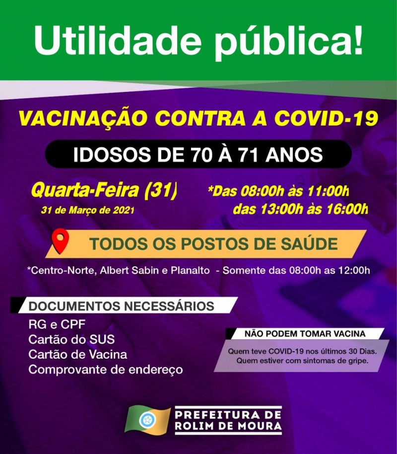 Rolim de Moura inicia vacinação de idosos entre 70 e 71 anos contra a Covid-19 nesta quarta-feira (31)
