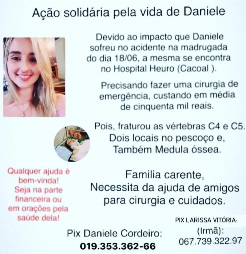 Ação solidária em busca de arrecadar recursos para cirurgia de jovem que fraturou a coluna em grave acidente em Rolim de Moura Ação solidária em busca de arrecadar recursos para cirurgia de jovem que fraturou a coluna em grave acidente em Rolim de Moura