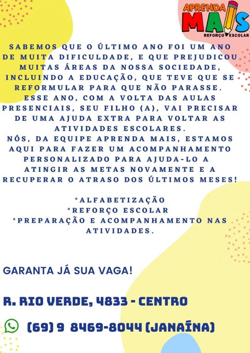 APRENDA MAIS REFORÇO ESCOLAR com matrículas abertas em Rolim de Moura APRENDA MAIS REFORÇO ESCOLAR com matrículas abertas em Rolim de Moura