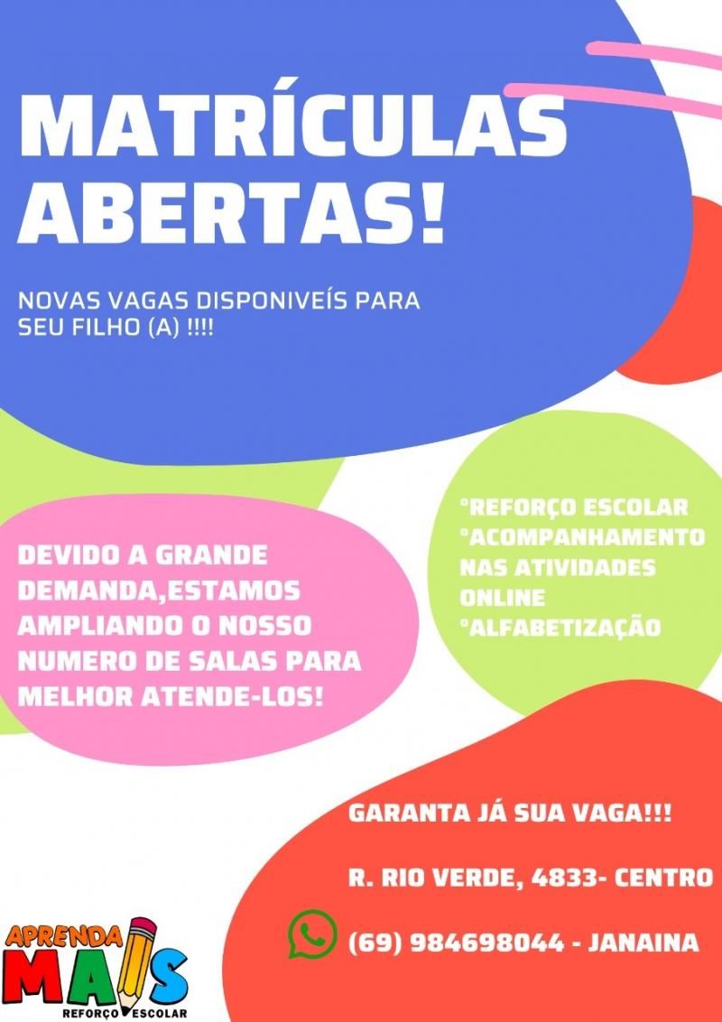 APRENDA MAIS REFORÇO ESCOLAR com matrículas abertas em Rolim de Moura APRENDA MAIS REFORÇO ESCOLAR com matrículas abertas em Rolim de Moura