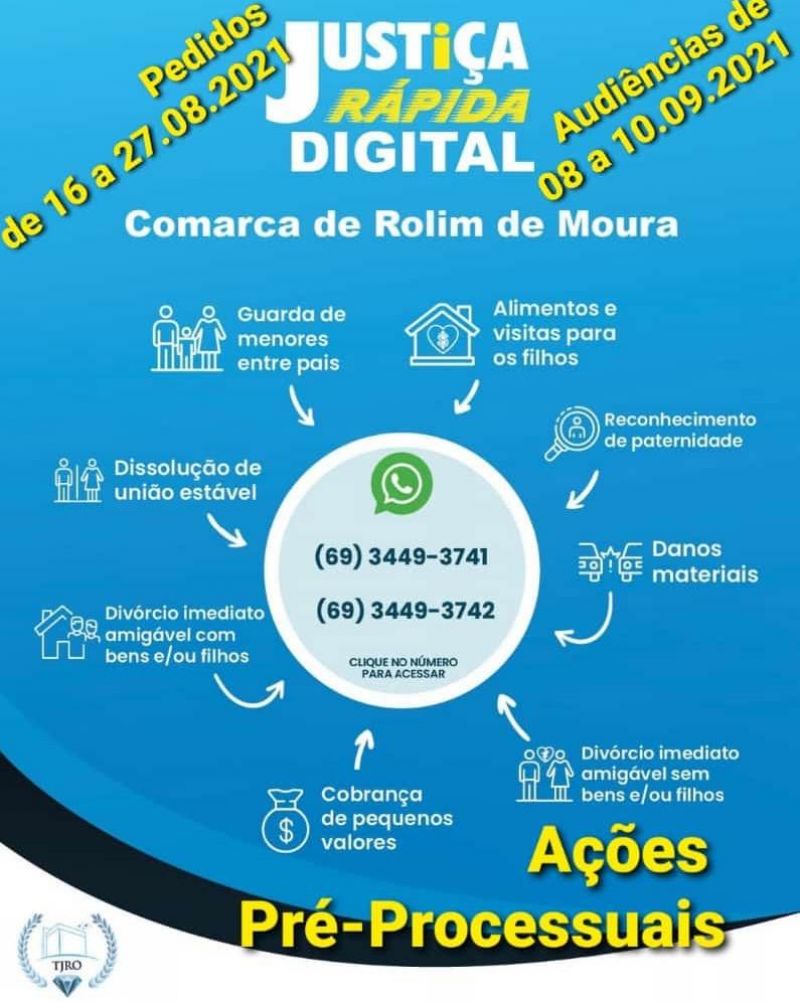Justiça Rápida Digital pelo WhatsApp será realizada em Rolim de Moura Justiça Rápida Digital pelo WhatsApp será realizada em Rolim de Moura