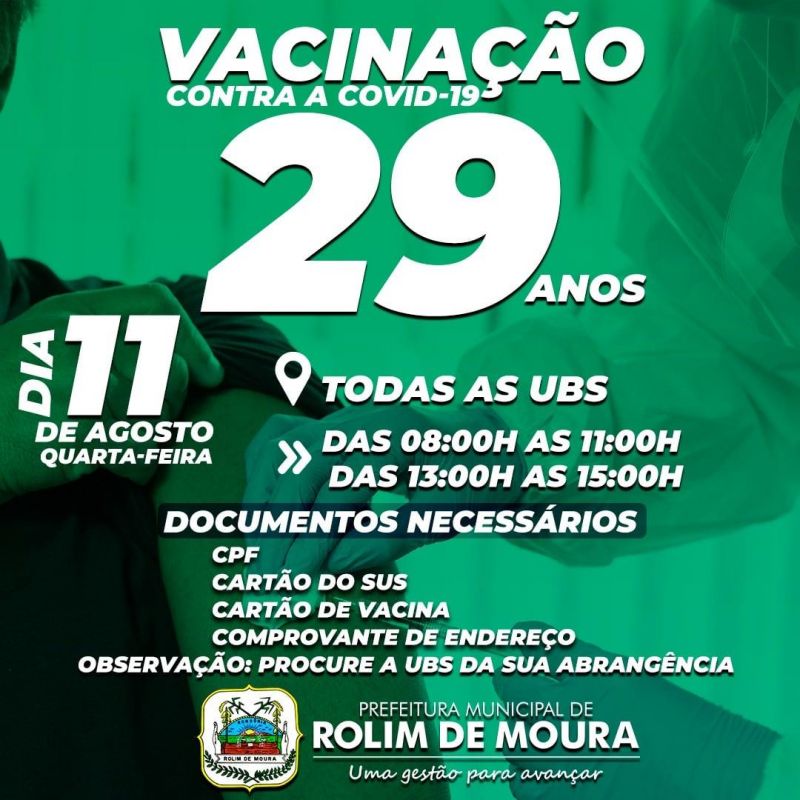 Vacina para pessoas com 29 anos será dia 11 de Agosto em Rolim de Moura