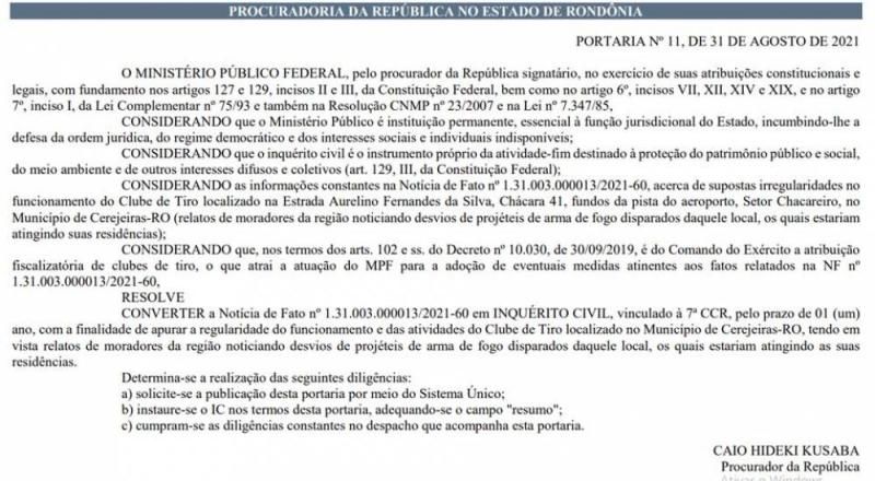 MPF instaura inquérito e apura denúncia de que casas próximas a Clube de Tiro estariam sendo atingidas por balas em Cerejeiras MPF instaura inquérito e apura denúncia de que casas próximas a Clube de Tiro estariam sendo atingidas por balas em Cerejeiras